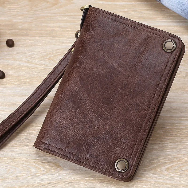 

Men Long Multi-function Magnetic Buckle Genuine Leather Wallet Fashion Business Oil Wax Leather Clutch Cow Leather Retro Wallet