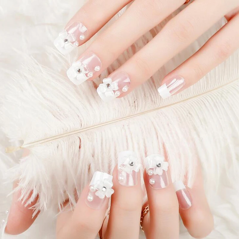 24Pcs/Set White Flower Fake Nails French Style Fake False Nails Tips Acrylic Full Artificial Press On Nails Sticker