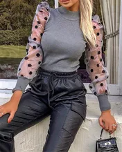 *#Best Price Women Spring Mesh Puff Long Sleeve Ribbed Knitted Shirt Loose Casual Polka Dots Blouse Tops Elegant Turtleneck Party Clubwear *#Best Price Women Spring Mesh Puff Long Sleeve Ribbed Knitted Shirt Loose Casual Polka Dots Blouse Tops Elegant Turtleneck Party Clubwear