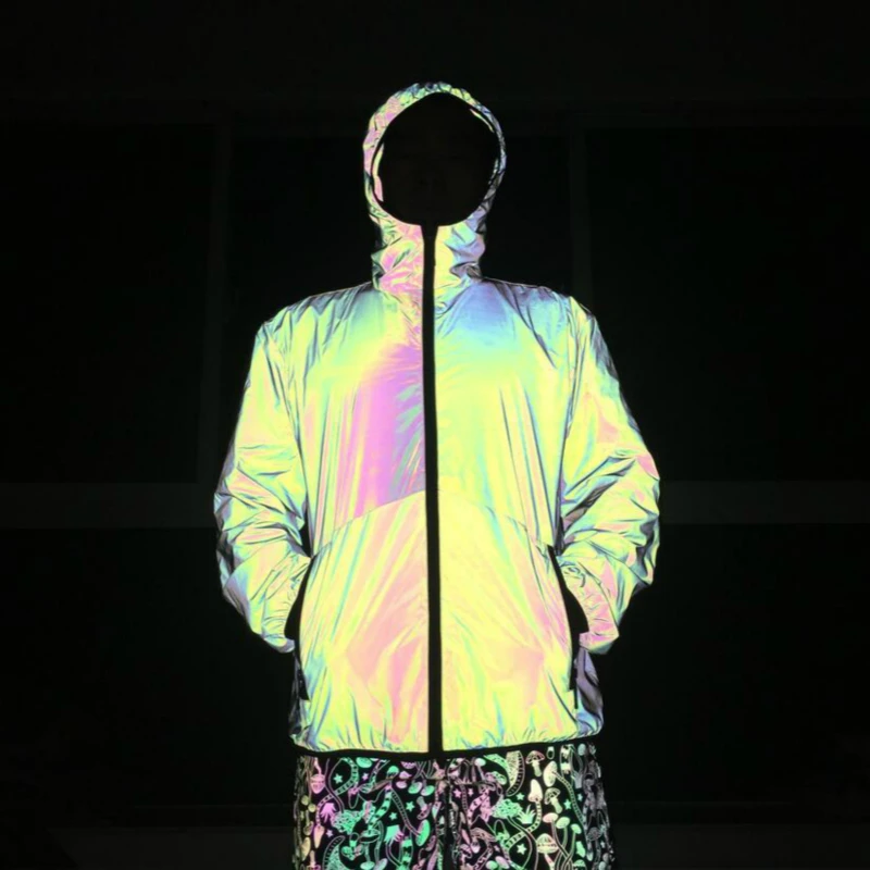 Rainbow Jacket Men Reflective Light Hooded Top Coat Spring Autumn Hip Hop Mens Base Coats Suit 2