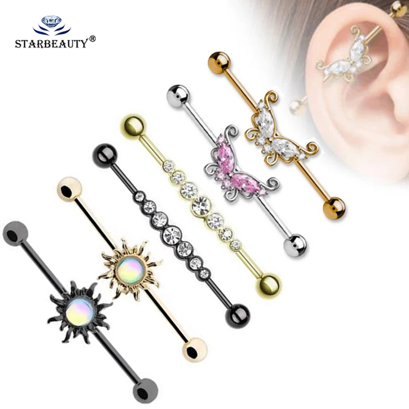 16G 1.6*36Mm Anting-Anting Tindik Batang Keong Helix Tulang Rawan Telinga Barbel Industri CZ Warna-warni Kupu-kupu Matahari Perhiasan Tubuh