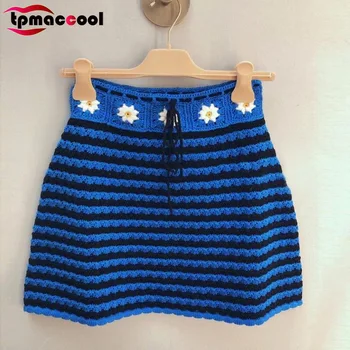 

Tpmaccool 2020 Spring Summer New Knitted Skirt French Retro Heavy Hand Embroidered Daisy Popular Blue Striped A- line Skirts