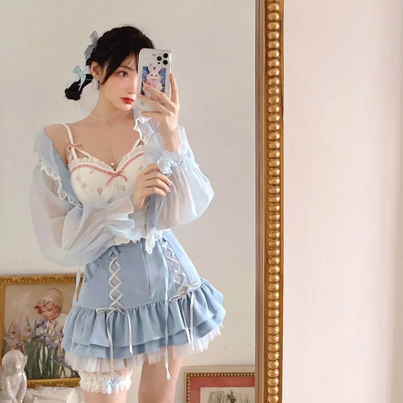 japonês kawaii mini saia feminina verão casual designer elegante lolita sexy saia de cintura alta renda bandagem doce saia