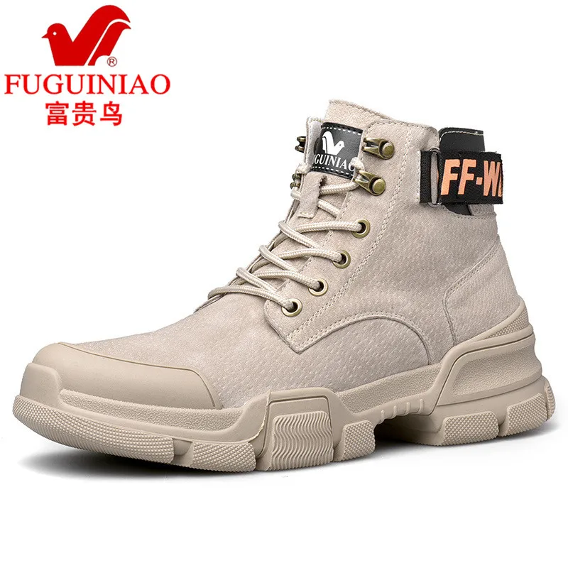

FGN Men's Shoes Zipper Martin Boots Men Worker Boot Mid-top Black And White with Pattern Men's Boots Korean-style Trend Genuine