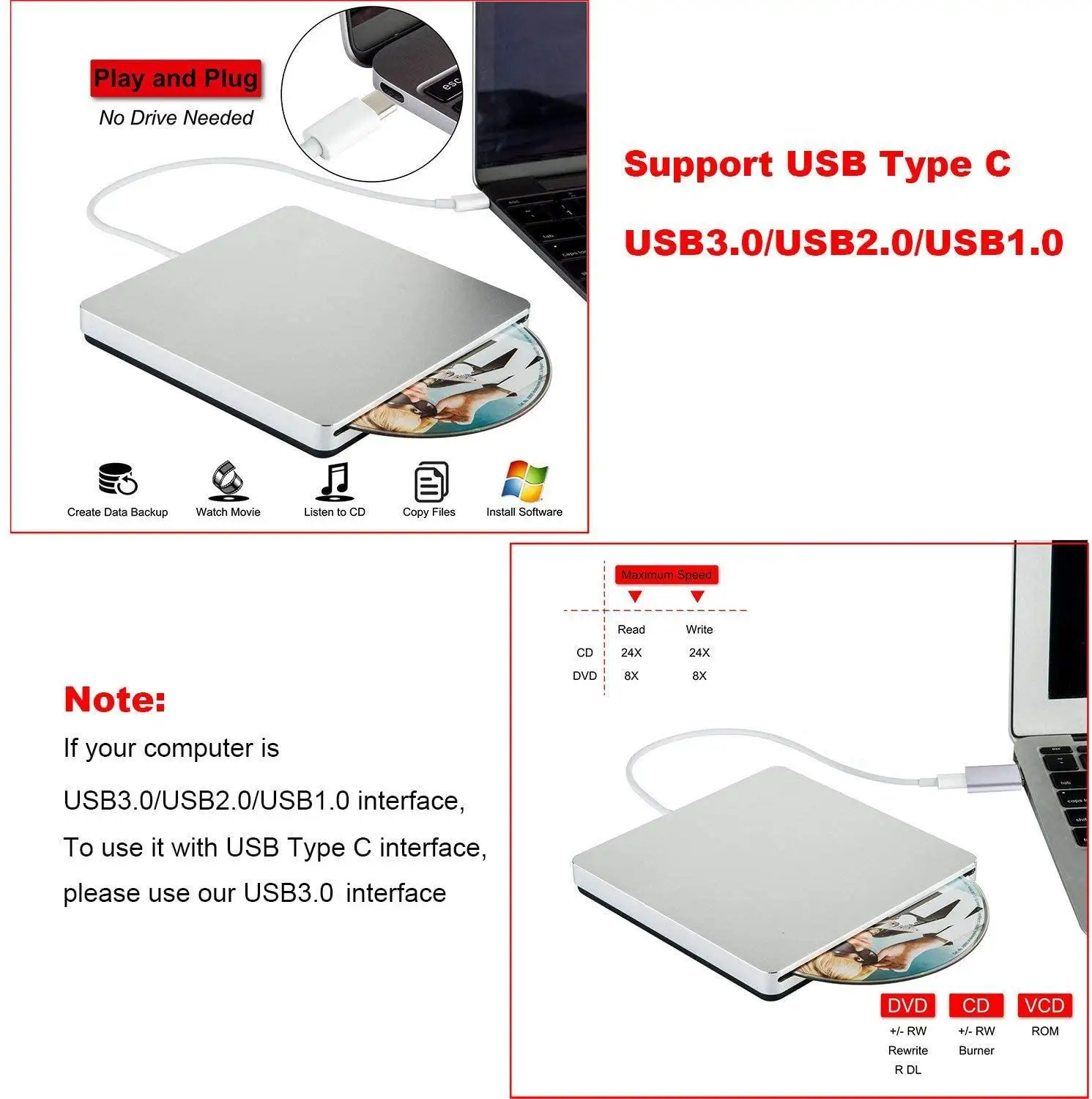 USB 3.0 DVD-ROM Optical Drive External Slim CD ROM Disk Reader Desktop PC Laptop Tablet Promotion DVD Player with Touch