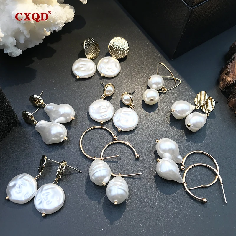 

CXQD Elegant Metal Gold Oval Circle Square Egg-shaped Geometric Irregular Imitation Pearl Drop Earrings For Women Girls Gifts