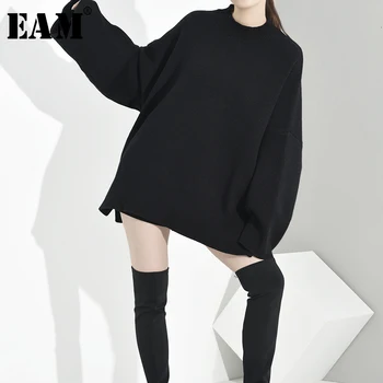 

[EAM] Black Oversized Knitting Sweater Loose Fit Round Neck Long Sleeve Women Pullovers New Fashion Spring Autumn 2020 OB2750