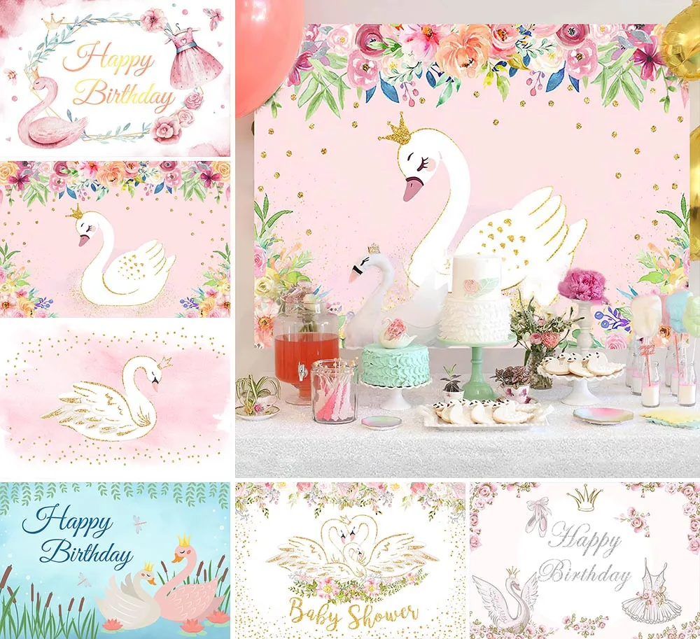 Happy Birthday Party Fondali White Swan Princess Golden Dot Girl Decoration Pink Photography Background Studio Photo Zone Props