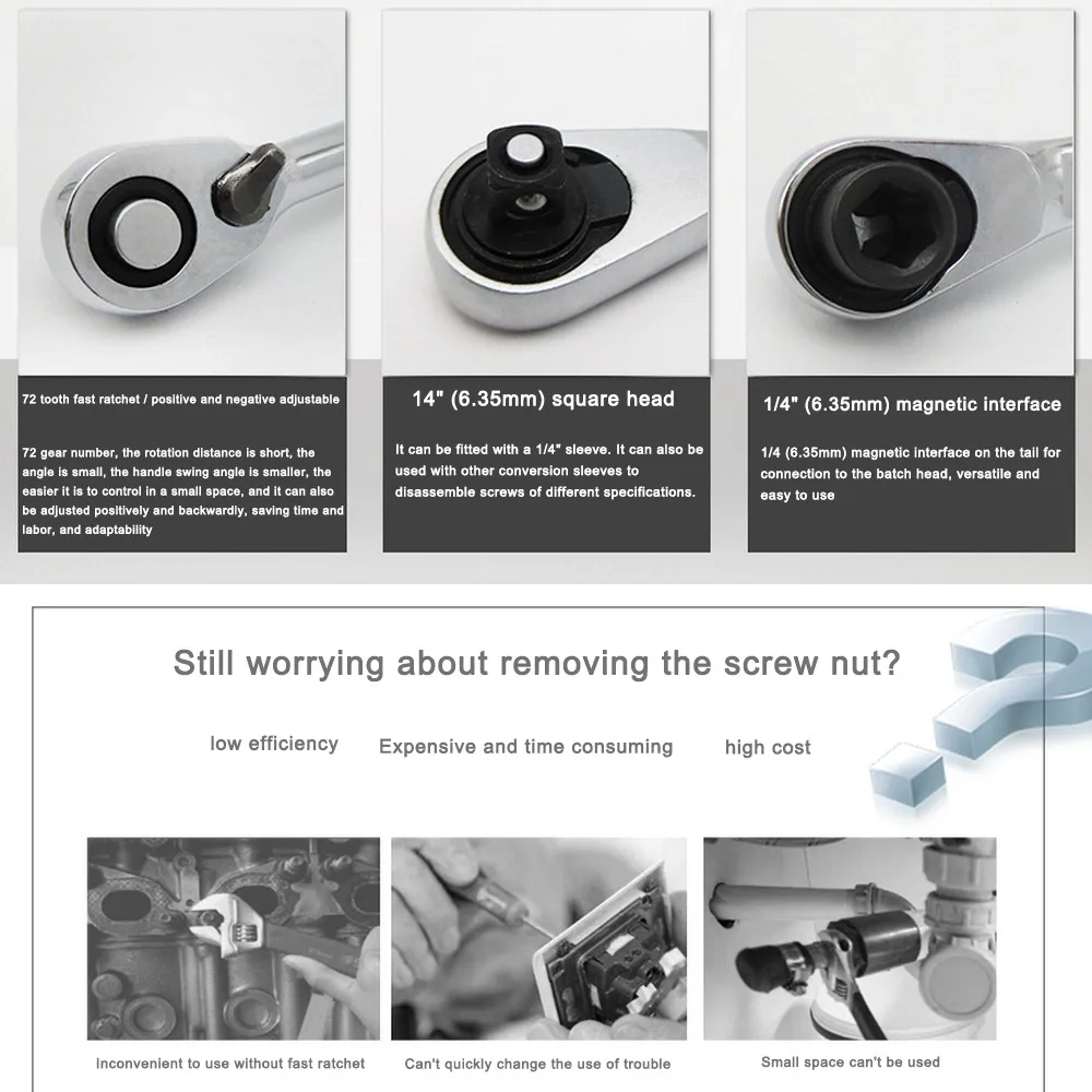 1pcs 1/4" Mini Ratchet Wrench Batch Head Handle Fly Socket Wrench Spanner Double-Ended Torque Wrench DIY Repair Hand Tools