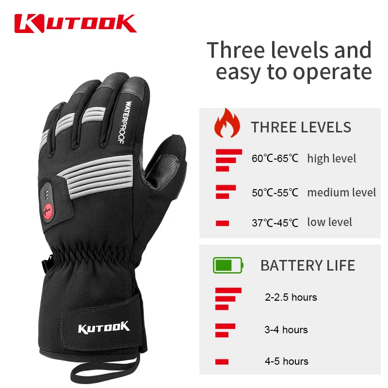 KUTOOK Winter Heated Gloves USB Rechargeable Cycling Motorcycle Skiing Gloves Waterproof Thermal Men Women Sport Bike Glove SH10