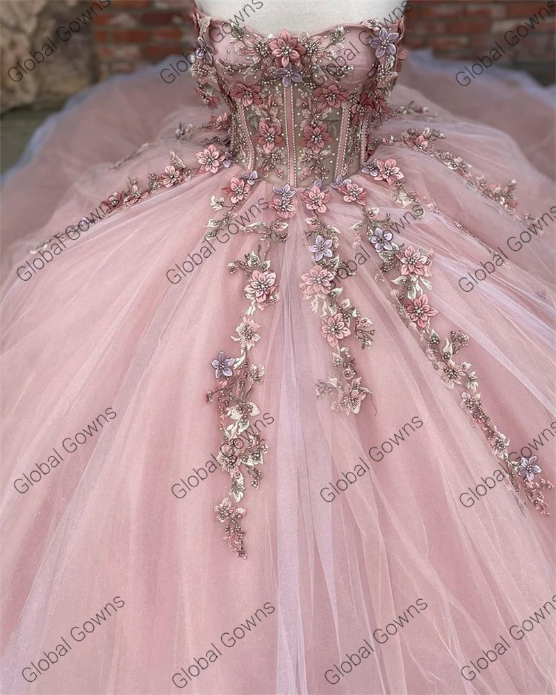 Pink Sweetheart Corset Ball Gown Quinceanera Dresses Beaded 3D Flowers Formal Prom Graduation Gowns Lace Up Princess Sweet 15 16