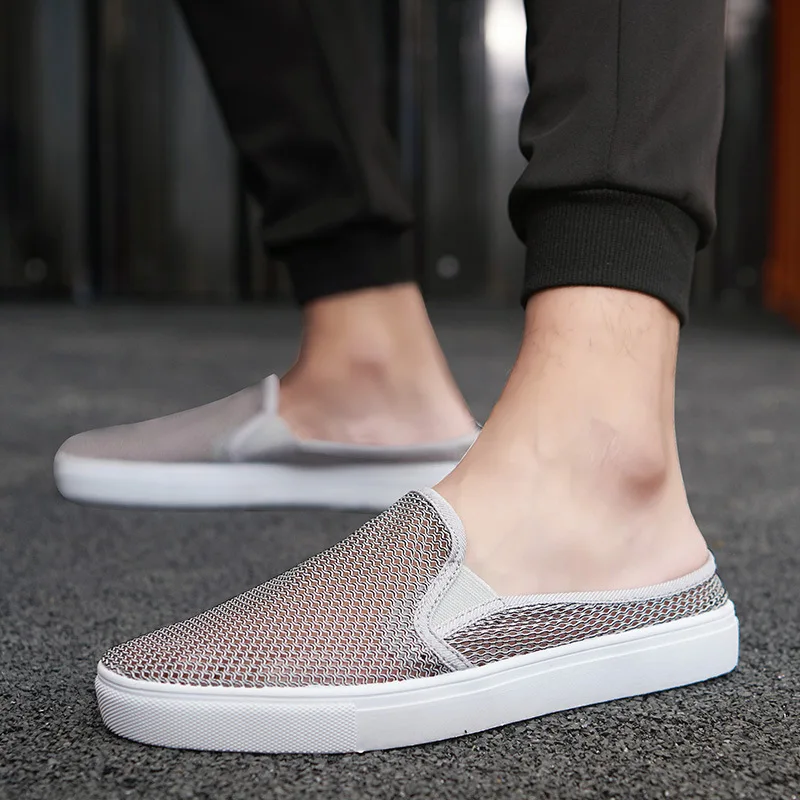 

2019 Summer New Style Breathable Fly-kit Mesh Half Loafers Trend Korean-style No Heel Hollow out MEN'S Casual Shoes