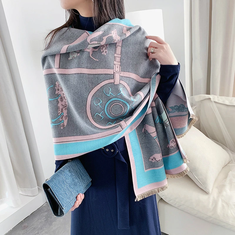 Luxury Winter Cashmere Scarf For Women Warm Pashmina Shawls and Wraps Fashion Chain Animal Print Kerchief Scarves For Lady