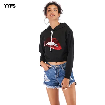 

Womens hot autumn winter lips sequins hooded long-sleeved lady hoodies girl overcoat