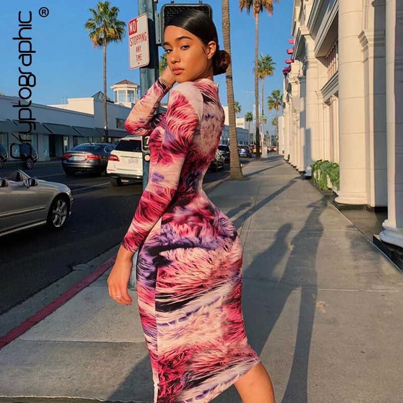 

Cryptographic Fashion Print Long Sleeve Midi Dresses Slim Stand Neck Casual Bodycon Dress Female Vestido Autumn Winter 2019