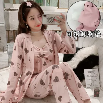 

3PCS Sexy Cotton Pajama Sets Robes for Women 2020 Autumn Long Sleeve Print Sleepwear Femme Homewear Pijama Mujer Three Piece Set