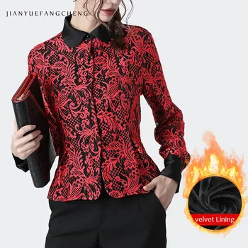 

Women Winter Velvet Shirt Vintage Floral Embroidery Warm Lace Top Turn-down Collar High Waist Slim Office Ladies Working Shirts