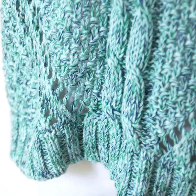 YUNINYOYO Beautiful blue-green gradual change hollow perspective knitting high waist cotton spring autumn Pullover  thin sweater