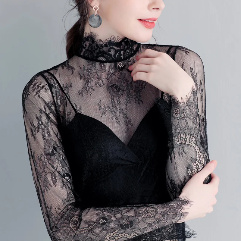 Camiseta de malla Sexy para Mujer, blusa y Camisas, moda coreana, Top de Bonitas de manga larga, talla grande, 2021