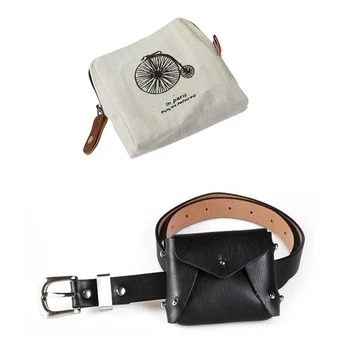 

2 Pcs Classic Retro Canvas Purse Wallet Coin Bag Pouch Case Fitness Pack Detachable Belt Bag Beige & Black