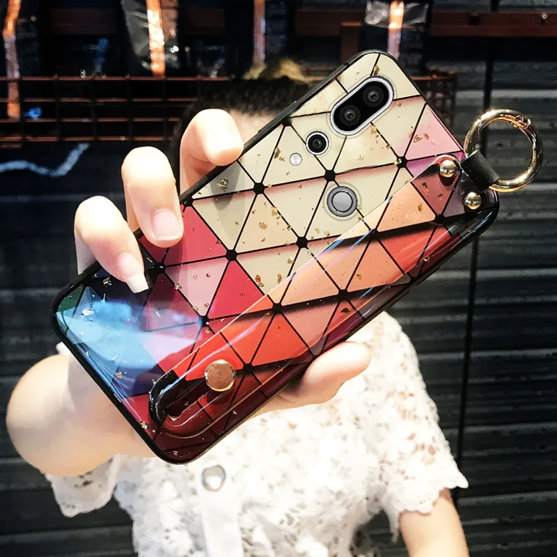 

Shiny Rhombus Silicone Case For Huawei P30 Mate 20 P20 Pro Honor View 10 V10 V20 P10 Plus Nova 4 Stand Wrist Strap Holder Cover