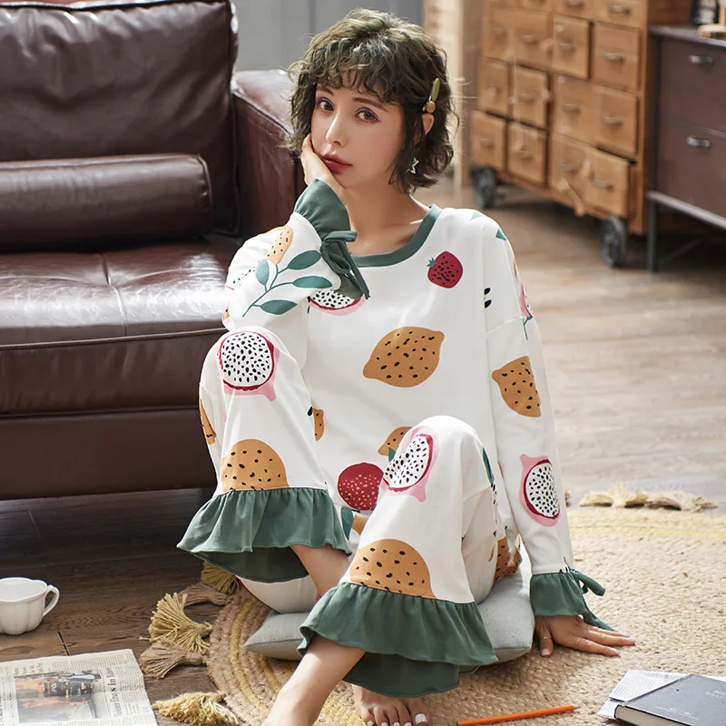 

Cotton Pajamas Women's Spring And Autumn Cute Long Sleeve Two-Piece Set Loose Fat Mm Plus-sized 200 Autumn 4XL