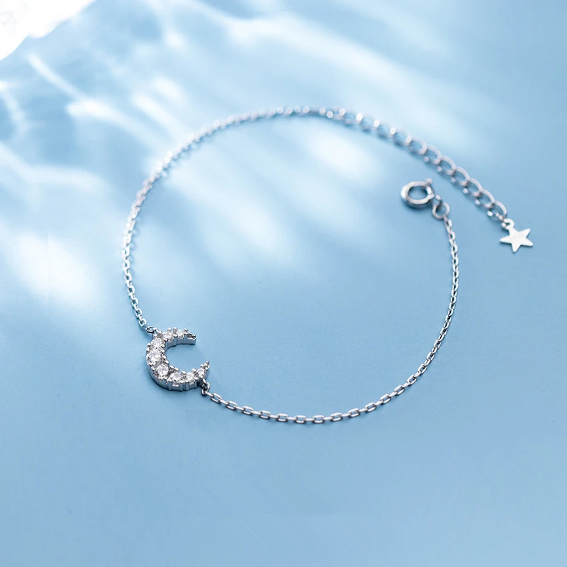 Мода стерлингового серебра 925 Блестящий кубический циркон Луна цепочка в виде колечек, оригинальная подвеска ручной браслеты для девушек женские подарки ювелирные изделия