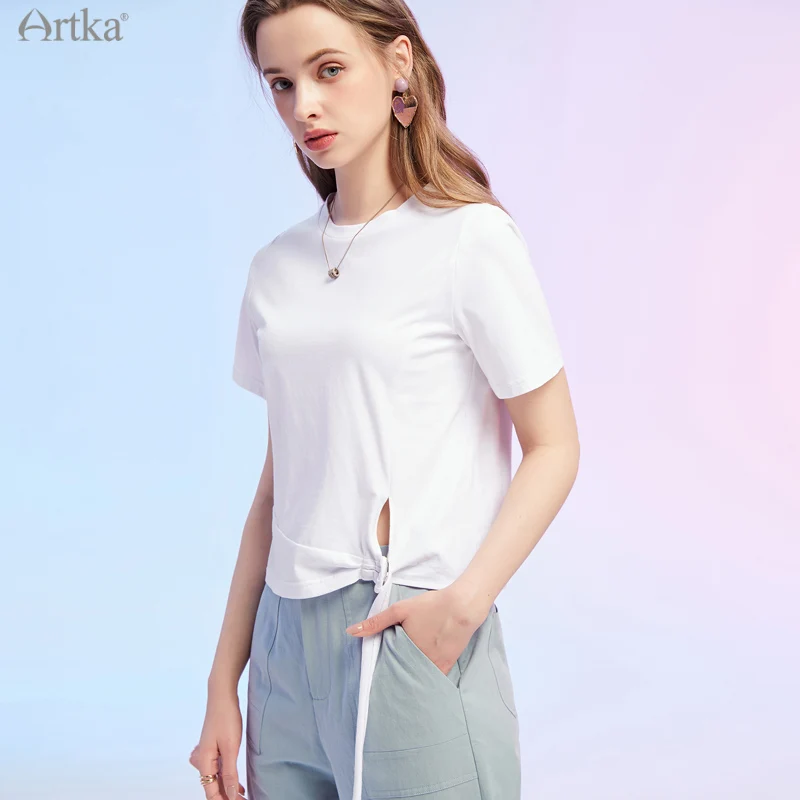 

ARTKA 2021 Summer New Women T-shirt 100% Cotton Fashion Casual O-Neck T-shirts Simple Short Sleeve Basic White T-shirts TA22211X