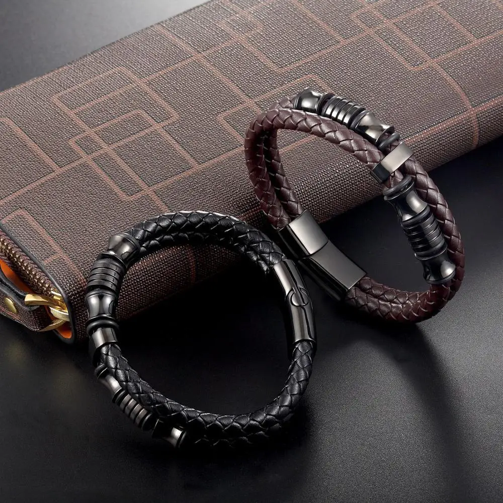 Популярный Титановый стальной кожаный плетеный браслет индивидуальное мужское покрытие из нержавеющей стали черный магнит кожаный браслет с пряжкой