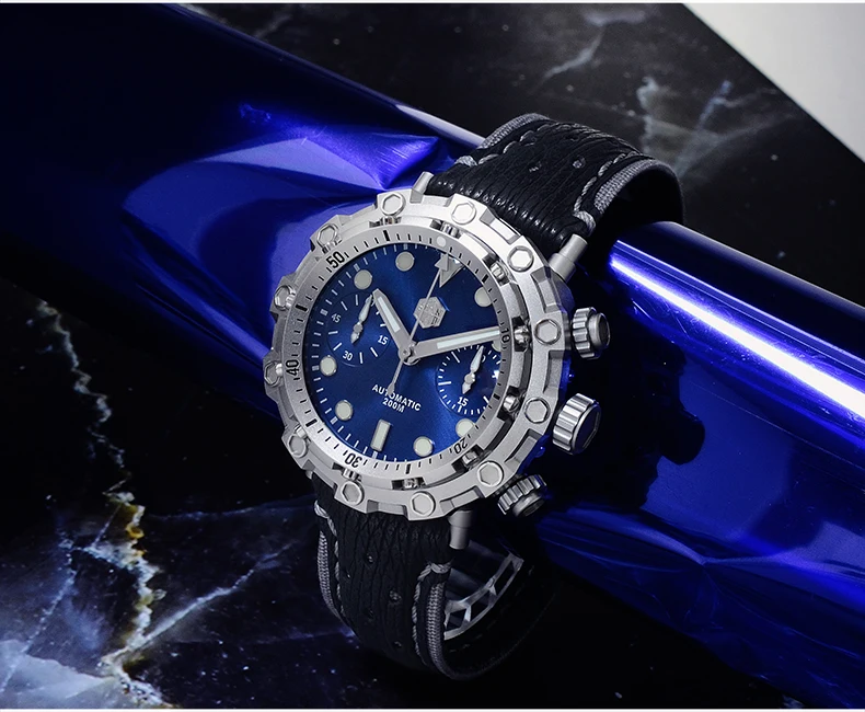 San Martin, ограниченная серия, автоматические часы 200 метров, водонепроницаемые швейцарские часы ETA7753 с титановым хронографом, наручные часы для дайвинга - Цвет: leather strap