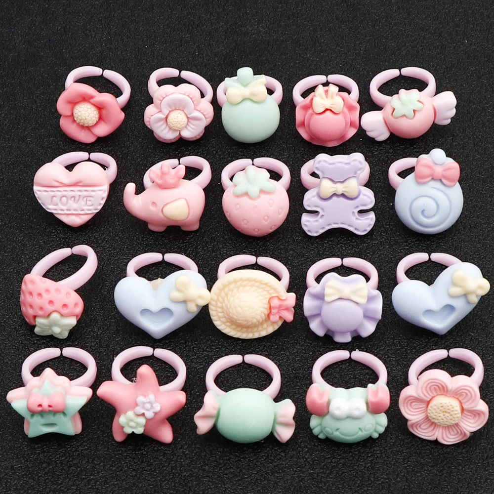 20pc Love Cute Sweet Kids Rings Design Flower Animal Children Jewelry Fashion Multicolor Ring Girls Gifts Princess Suit Kinds