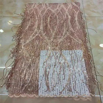

Beautiful Design Tassels Embroidered Mesh Lace Fabric For Women Party Dress Lace African pink Sequins Guipure Net Lace Material