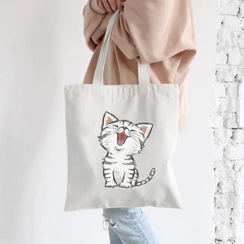 

Canvas Shopping Bags for Women 2020 Fashion Women Cat Printing Cute Shoulder Bags Large Capacity Shopping Bag Meow Recycle Bag