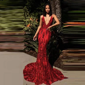 

Fashion Red Maxi Dress Sexy Deep V Neck Sequin Dress Women Celebrity High Quality Sleeveless Party Dress Vestidos Wholesale 2019