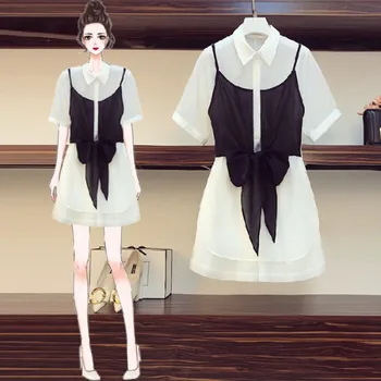 

2020 Summer 2 Piece Set Women Turn Down Collar Patchwork Bow Shirt + High Elastic Waist Wide Leg Shorts Set