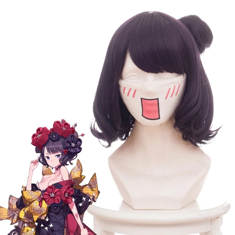 

Fate/grand Order FGO Katsushika Hokusai Cosplay Wig 35cm Purple Short Curly Heat Resistant Synthetic Hair with a Bun+ Wig Cap