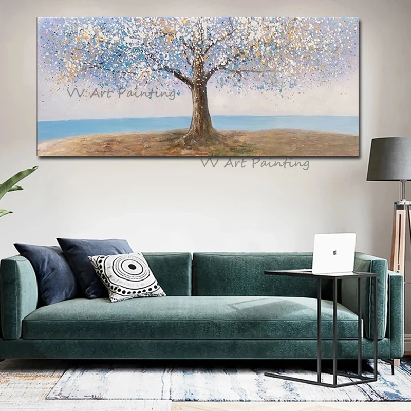 

Hand Painted Abstract Tree Oil Painting On Canvas Landscape Canvas Picture Nature Painting for Living Room Decor River Scenery