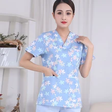 Женская медицинская одежда с цветочным принтом, хирургическая форма для доктора медсестры, скраб с коротким рукавом, скраб-топ/комплект, рубашка с v-образным вырезом, рабочая одежда