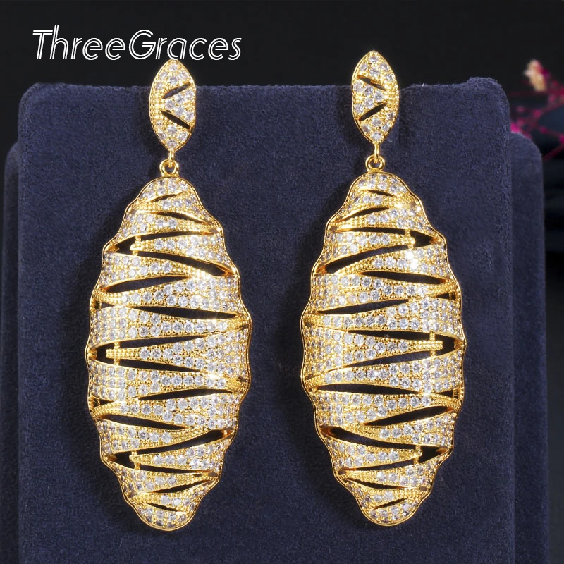 

ThreeGraces Noble Cubic Zirconia Big Dangling Earrings African Dubai Gold Earring for Women Party Luxury Jewelry ER395
