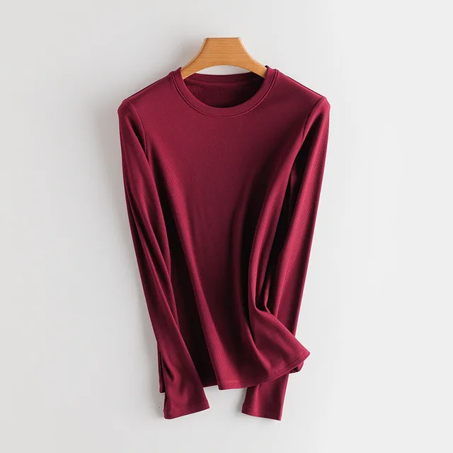 SuyaDream Women Bottoming T Shirt Real Silk Blend Long Sleeves Solid Basic Shirt 2021 Autumn Winter Turtleneck Top Wine O neck
