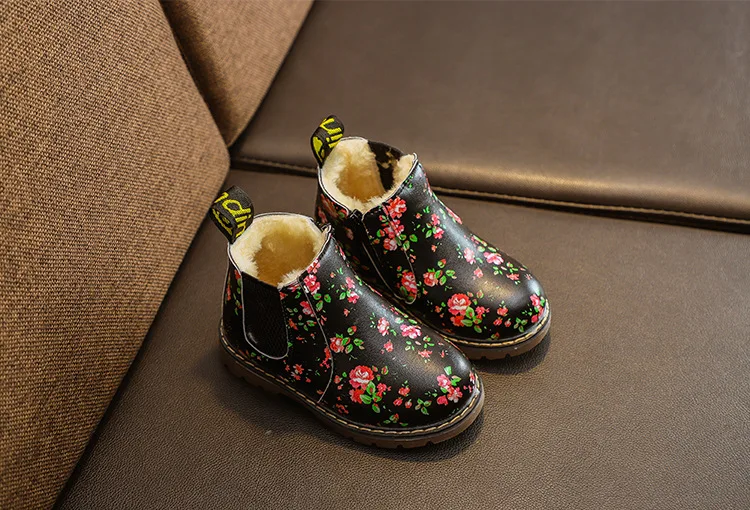 Ankle Boots Kids PU Leather Plush Toddler Sneaker Girls Boys Floral Zipper  Boots Waterproof Causal Snow Boots Shoes