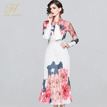 H Han queen/осенне-зимнее Плиссированное длинное платье с цветочным принтом и бантом для вечеринки, богемные платья для женщин, Элегантные повседневные платья