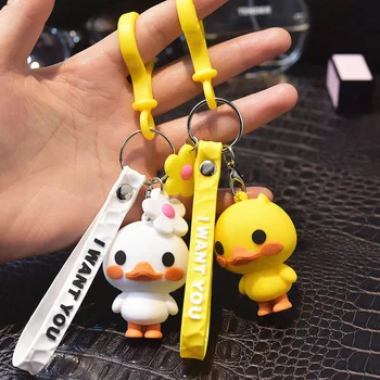 

Cartoon Silicone Cute Pretty Yellow Duck Key Chain Nordic Style Dancing Duck Keychain Couples Women Bag Car Pendant Accessory