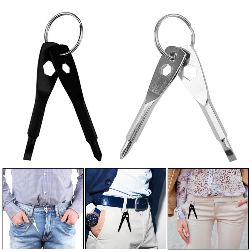 

Mini Key-shaped Stainless Steel Multi-function Screwdriver Four-in-one Screwdriver Slotted Keychain Pocket Repair Tool