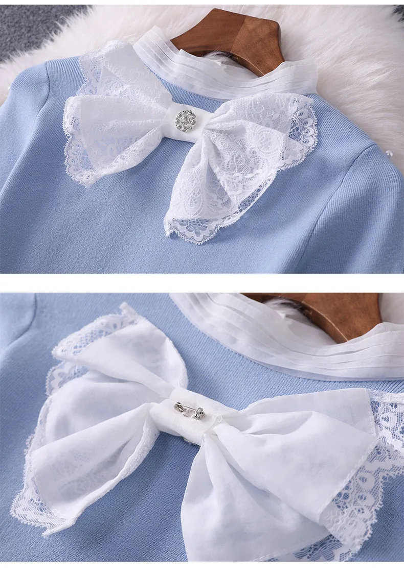 Новинка, модное женское осенне-зимнее платье, Vestidos, длинный рукав, бант, жемчуг, милое, одноцветное, алиновое, вязанное платье-свитер