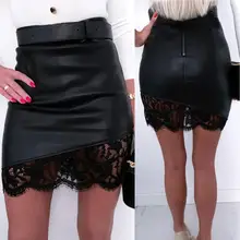 

Women Sexy Autumn Faux Leather Lace High Waist Zipper Bodycon Mini Pencil Skirt