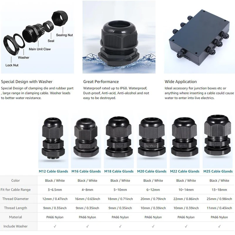 10Pcs IP68 Waterproof Cable Gland PG7 PG9 PG21 M12 M16 M20 M24 M25 M27 M30 Metric Joints Nylon PA Flame Retardant Wire Connector