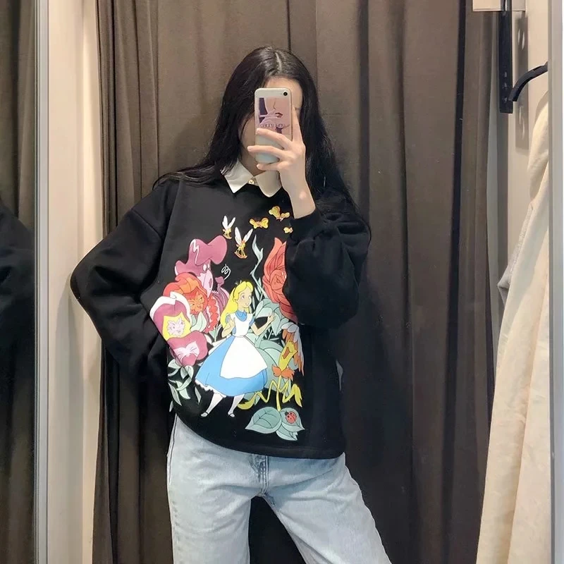 Увядший английский консервативный стиль high street мультфильм рисунок принт o-образным вырезом свободные зимние толстовки женские толстовки пуловеры Топы