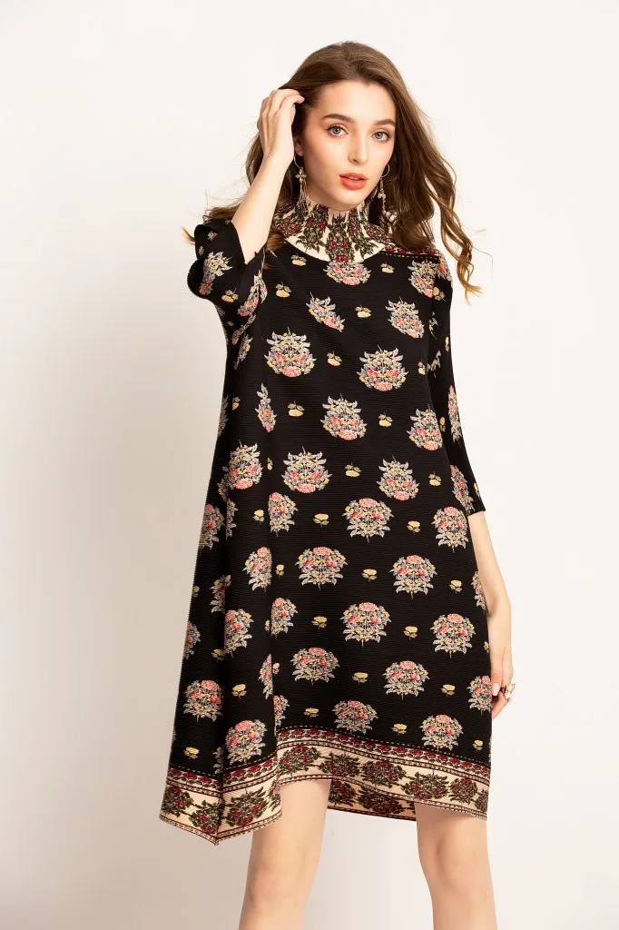 High neck print dress middle sleeve digital flower print loose dresses