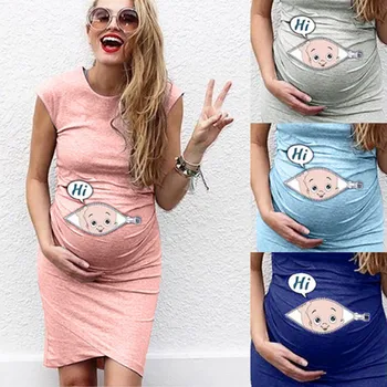 

Maternity Wear New Cute Printed Round Neck Sleeveless Maternity Dress Mid-length Bag Hip Confinement Maternity One-Step Dress